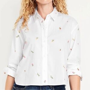 NEW Old Navy Floral Crop Shirt Womens L White Embroidered Button Front Classic